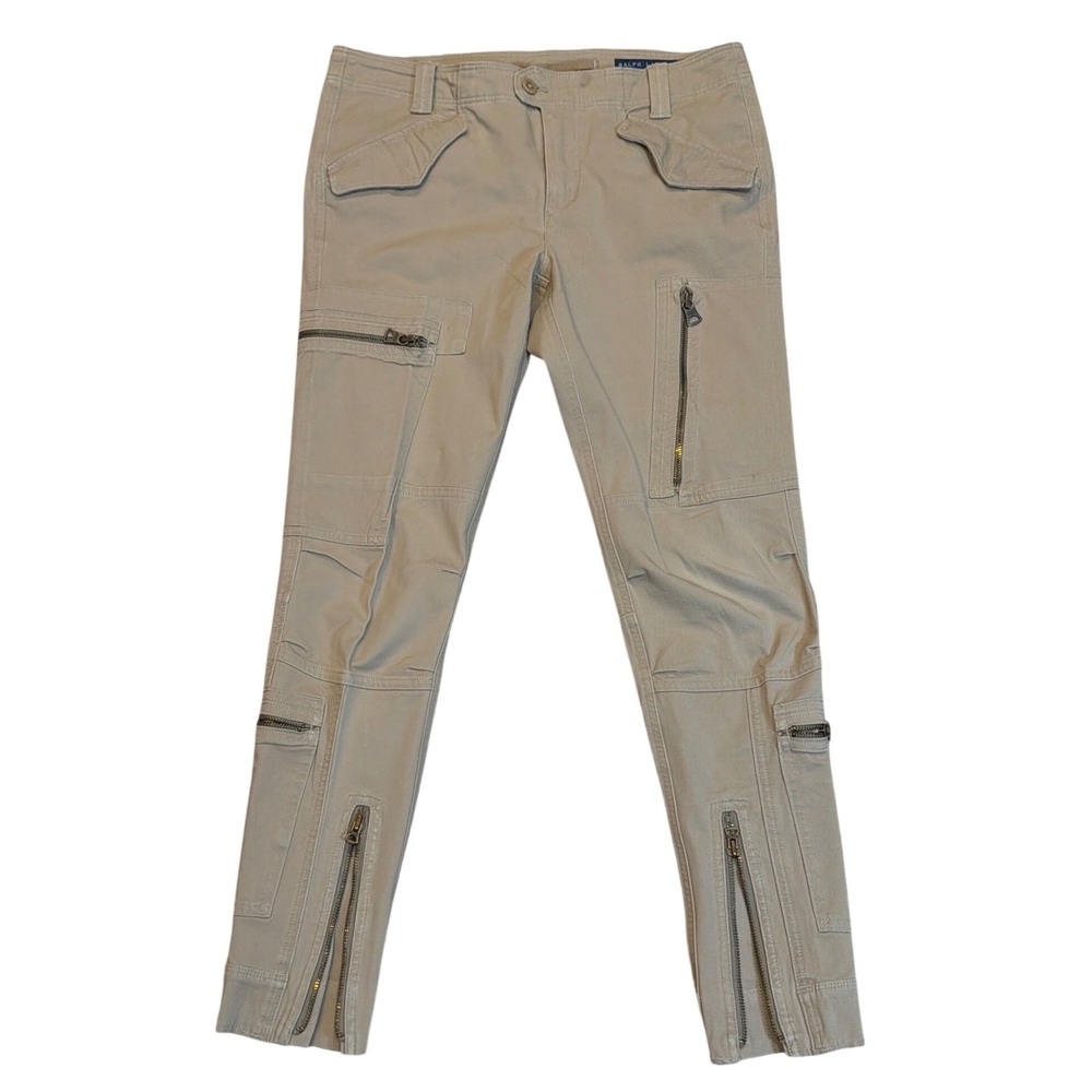 Ralph Lauren Womens Khaki Cargo Moto Pants Skinny Zip Utility Tan Size 6